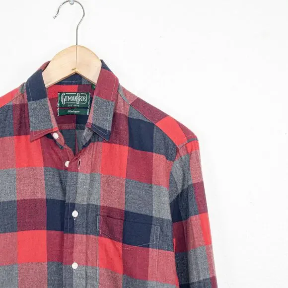 Gitman Bros Vintage Red Gray Check Flannel Shirt 100% Cotton size Small